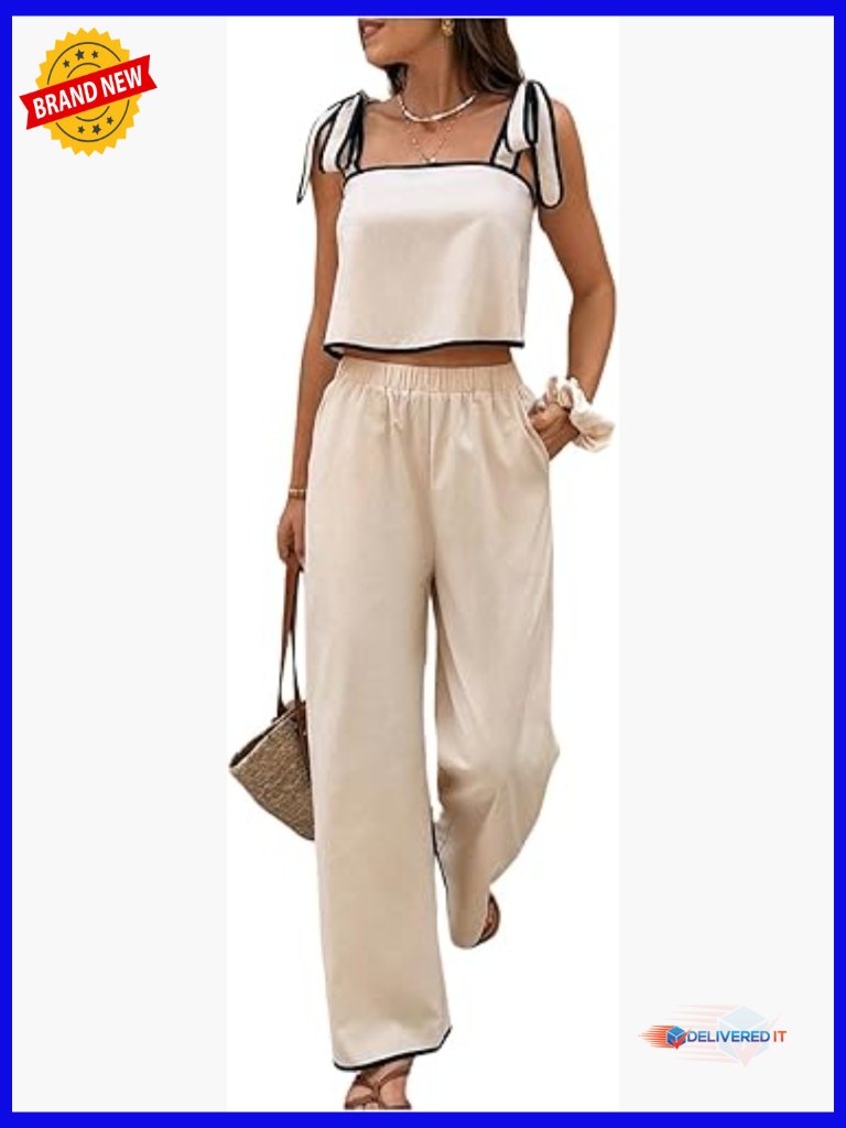 Women's 2-Piece Cropped Top & Pants Set, Sleeveless Vacation Travel Outfit